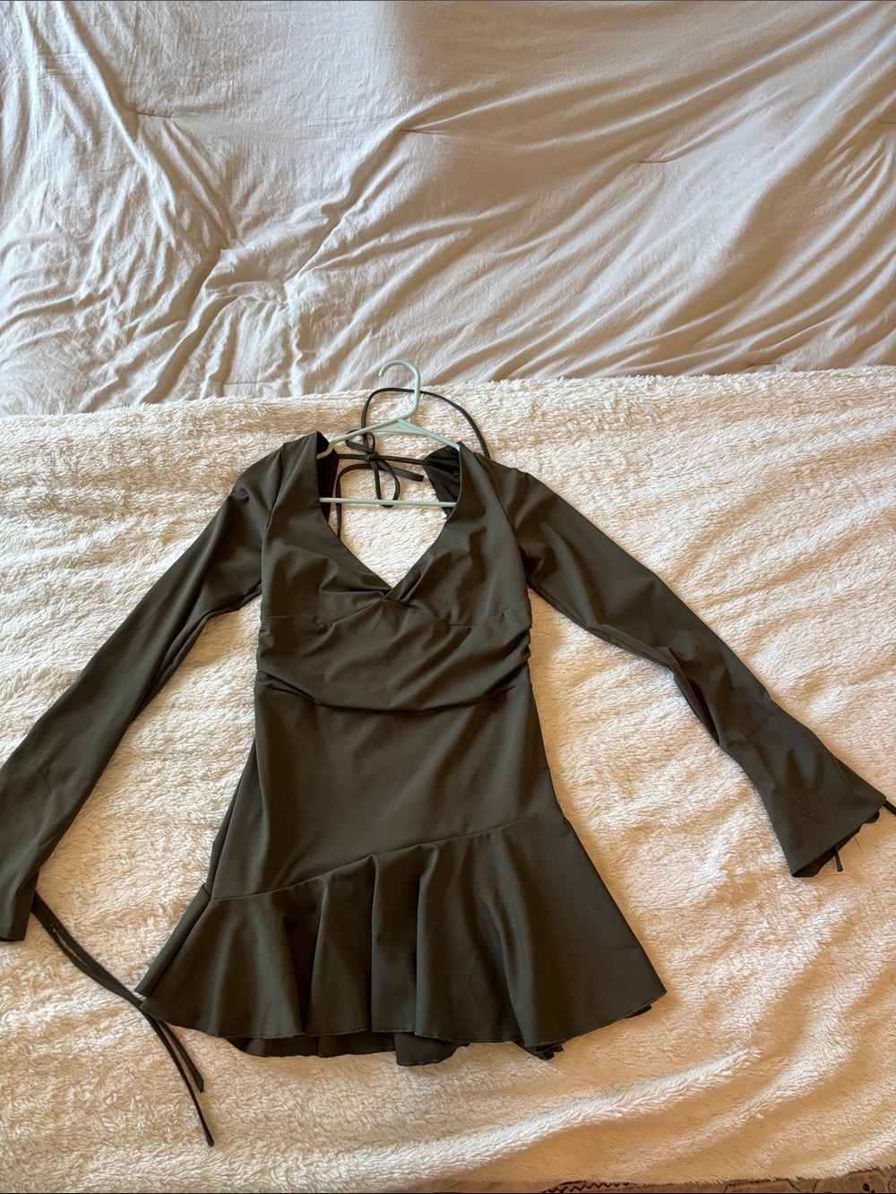 Fashion Nova Olive Green Long Sleeve Ruffle-Hem Dress
